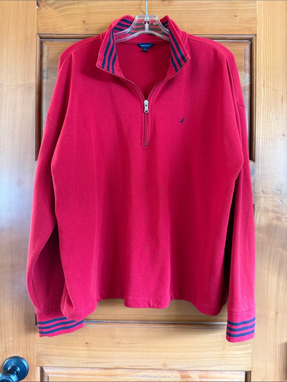 Nautica Red womens Quarter-Zip Sweatshirt with Navy Stripe Trim